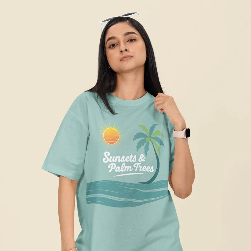 Sunset and Palm Trees Unisex Oversized T-Shirt