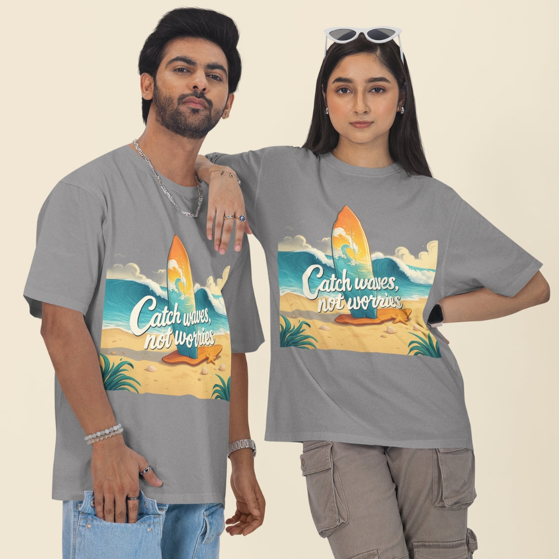 Catch Waves, Not Worries Unisex Oversized T-Shirt