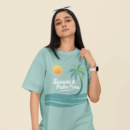 Sunset and Palm Trees Unisex Oversized T-Shirt